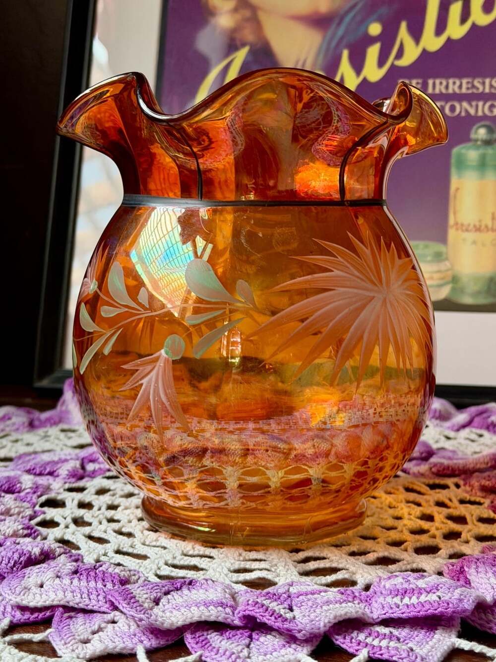 Fenton Carnival Glass Hand Painted Floral Vase Amber